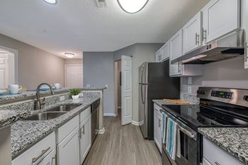 an open kitchen with granite counter tops and stainless steel appliances at The Village Apartments, Raleigh, NC